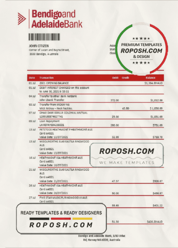 Australia Bendigo and Adelaide Bank bank statement template in Word and PDF format