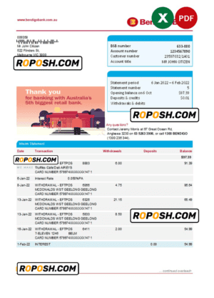 Australia Bendigo bank statement easy to fill template in Excel and PDF format, 2 pages