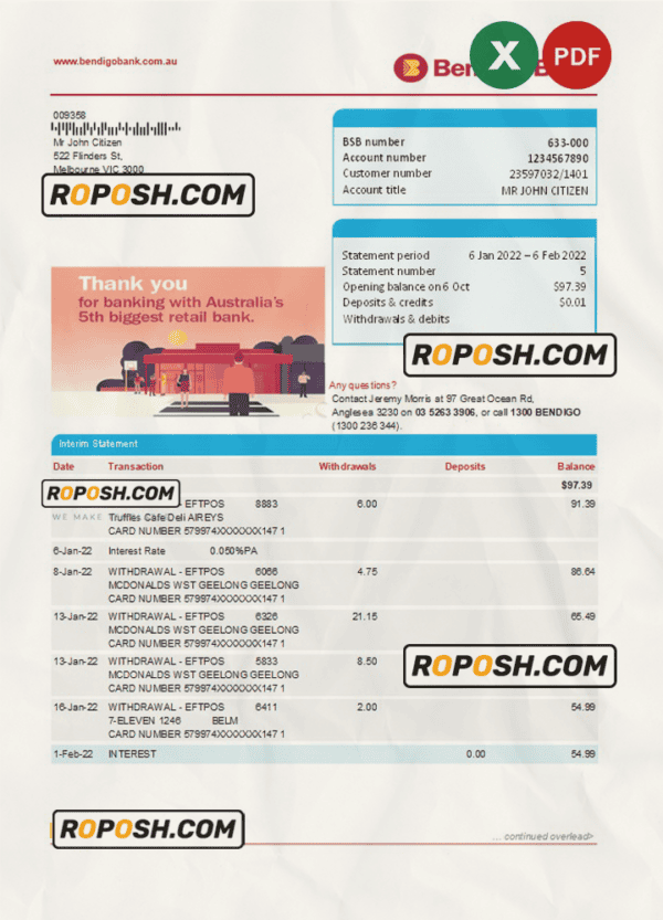 Australia Bendigo bank statement easy to fill template in Excel and PDF format, 2 pages