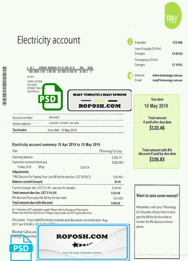 Australia Tru electricity utility bill template, fully editable in PSD format