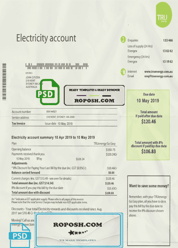 Australia Tru electricity utility bill template, fully editable in PSD format