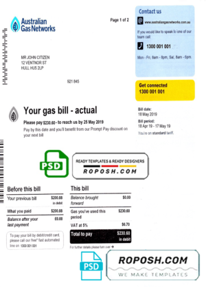 Australia gas utility bill template fully editable in PSD format