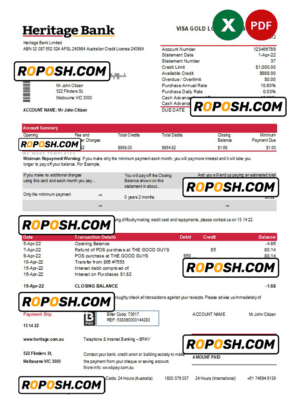 Australia Heritage bank statement easy to fill template in Excel and PDF format, 2 pages