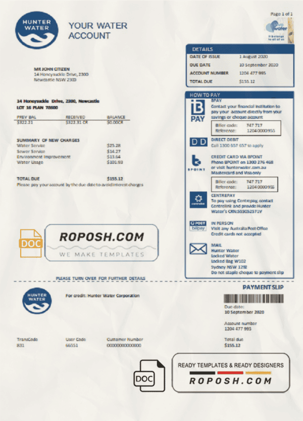 Australia Hunter Water utility bill template in Word and PDF format