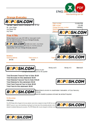 Australia ING Direct bank statement, Excel and PDF template, 2 pages