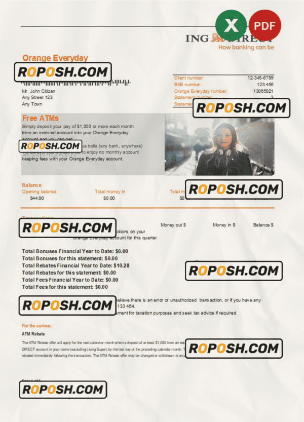 Australia ING Direct bank statement, Excel and PDF template, 2 pages