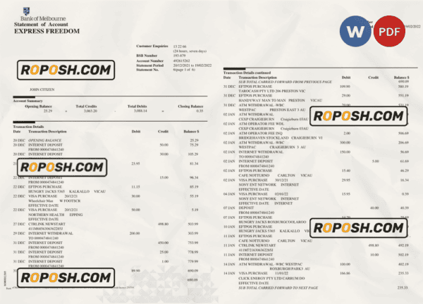 Australia Bank of Melbourne bank account statement, Word and PDF template, 6 pages