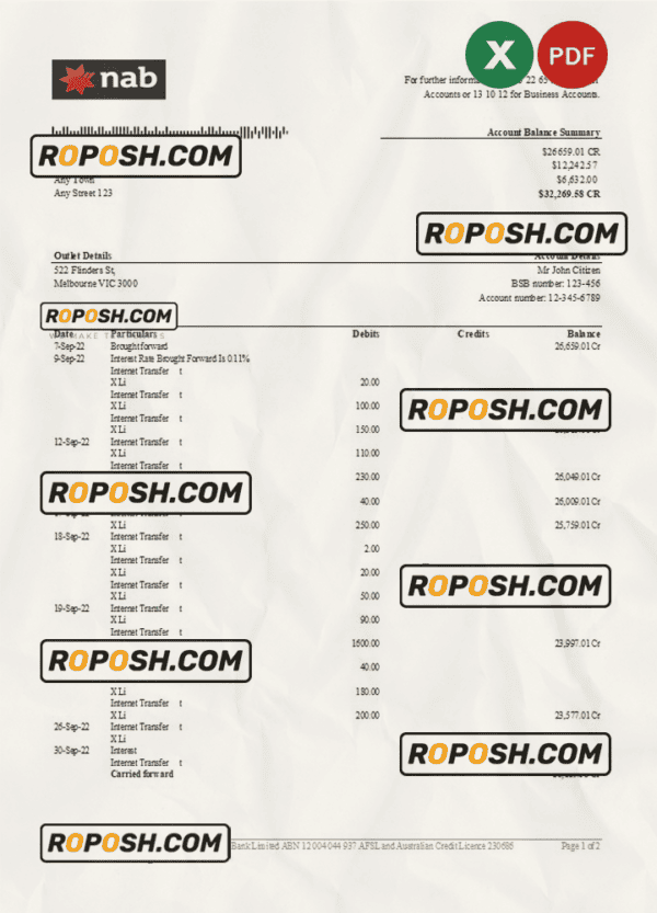 Australia NAB bank statement, Excel and PDF template, 2 pages