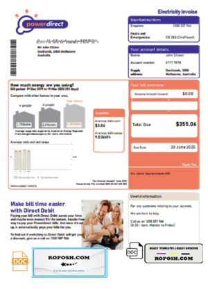 Australia Powerdirect electricity utility bill template in Word and PDF format