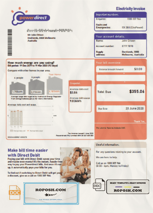 Australia Powerdirect electricity utility bill template in Word and PDF format