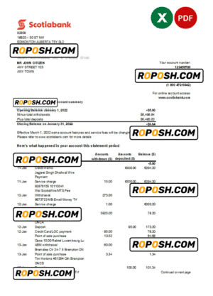 Australia Scotiabank bank statement, Excel and PDF template, 2 pages