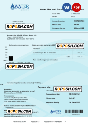 Australia Water Corporation WA utility bill .doc and .pdf template