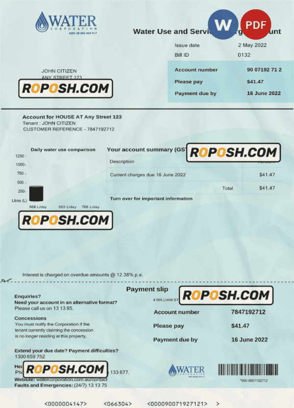 Australia Water Corporation WA utility bill .doc and .pdf template