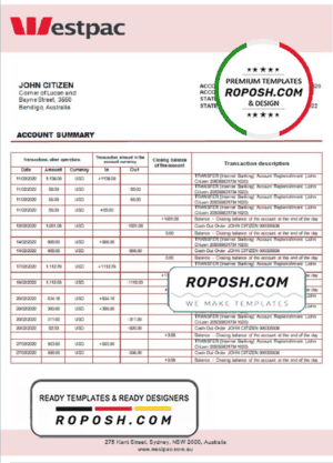 Australia Westpac bank statement template in Word and PDF format
