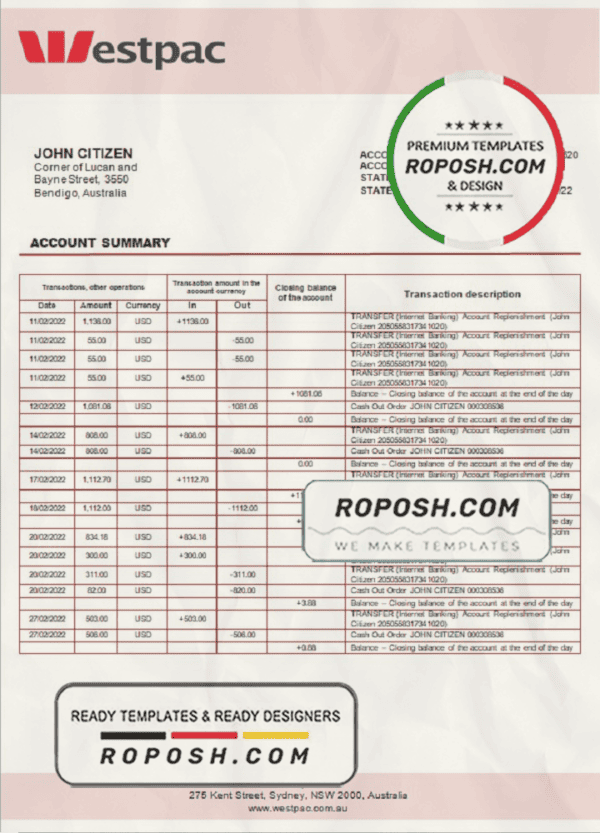 Australia Westpac bank statement template in Word and PDF format