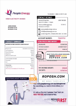 Australia People Energy electricity utility bill template in Word and PDF format