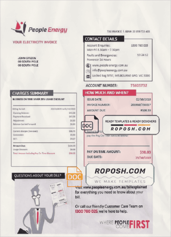 Australia People Energy electricity utility bill template in Word and PDF format