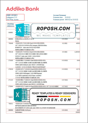 Austria Addiko bank statement template in Excel and PDF format