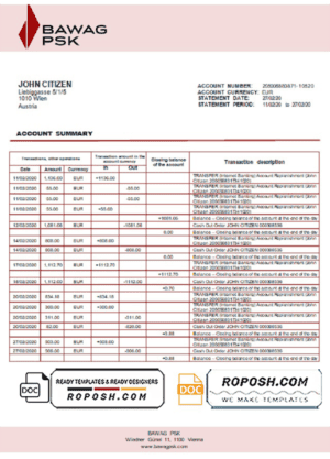 Austria BAWAG PSK bank statement template in Word and PDF format