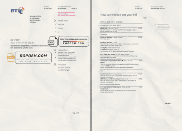 United Kingdom BT utility bill template in Word and PDF format, 2 pages