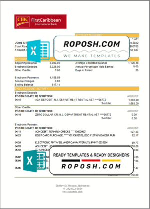 Bahamas FirstCaribbean International Bank statement template in Excel and PDF format