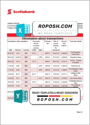 Bahamas Scotiabank bank statement template in Excel and PDF format