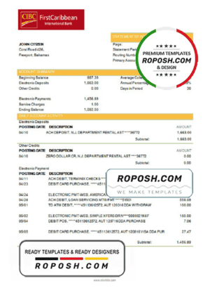 Bahamas FirstCaribbean International Bank (CIBC) bank statement template in Word and PDF format