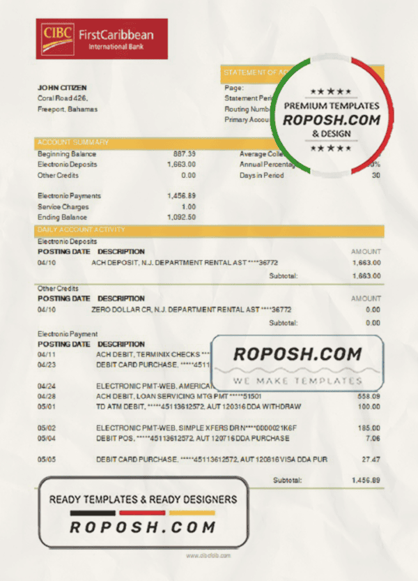 Bahamas FirstCaribbean International Bank (CIBC) bank statement template in Word and PDF format