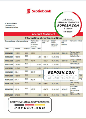 Bahamas Scotiabank bank statement template in Word and PDF format