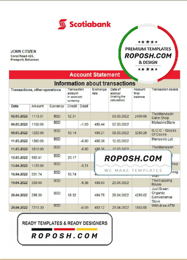 Bahamas Scotiabank bank statement template in Word and PDF format
