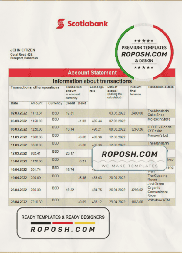 Bahamas Scotiabank bank statement template in Word and PDF format