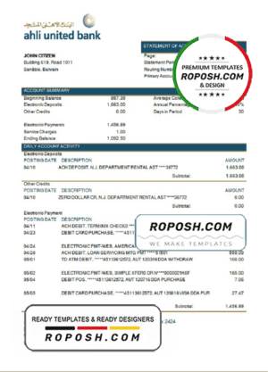 Bahrain Ahli United Bank statement template in Word and PDF format