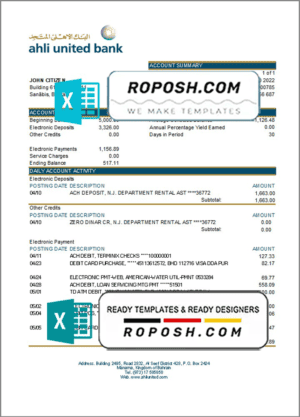 Bahrain Ahli United bank statement template in Excel and PDF format