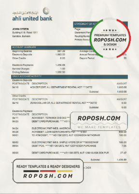 Bahrain Ahli United Bank Statement Template