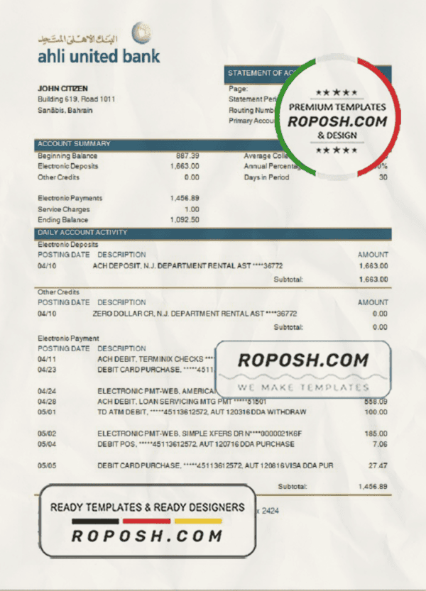 Bahrain Ahli United Bank statement template in Word and PDF format