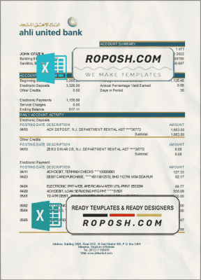 Bahrain Ahli United bank statement template in Excel and PDF format ...