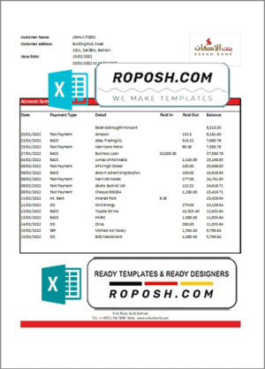 Bahrain Eskan bank statement template in Excel and PDF format