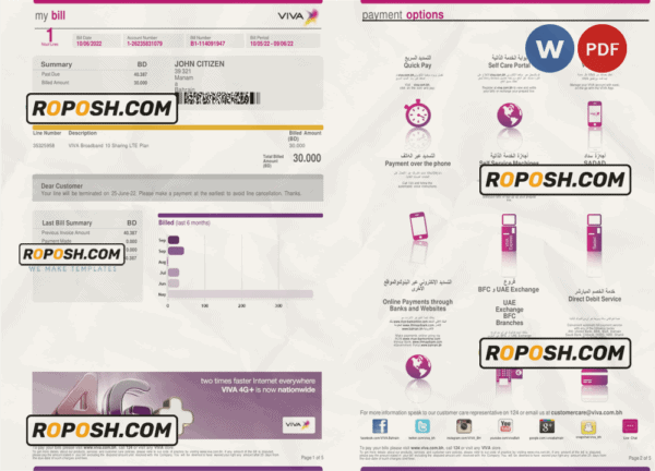Bahrain Viva my utility bill Word and PDF template, 5 pages