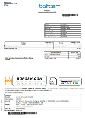 Latvia Baltcom telecommunications utility bill template in Word and PDF format (Latvian version)