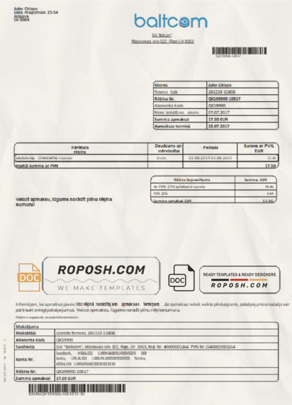 Latvia Baltcom telecommunications utility bill template in Word and PDF format (Latvian version)