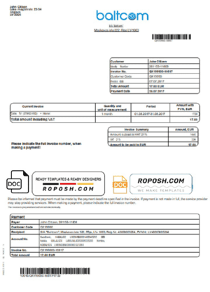 Latvia Baltcom telecommunications utility bill template in Word and PDF format (English version)