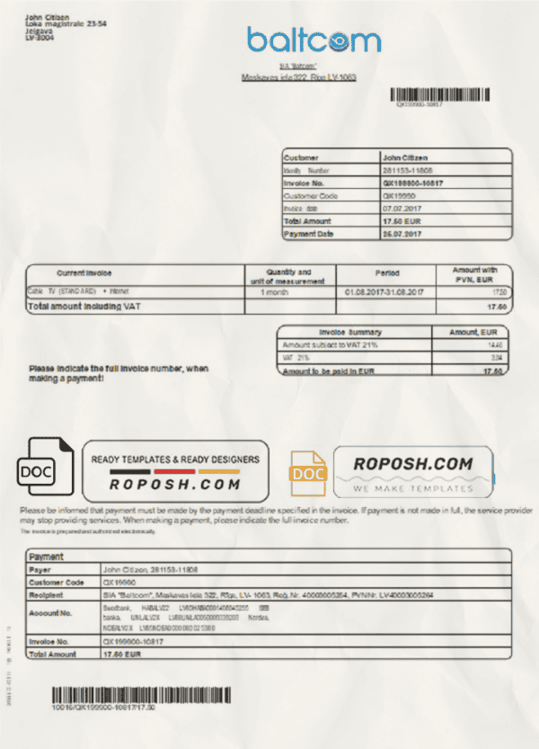 Latvia Baltcom telecommunications utility bill template in Word and PDF format (English version)