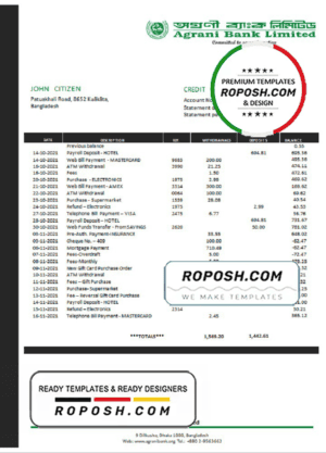 Bangladesh Agrani Bank statement template in Word and PDF format
