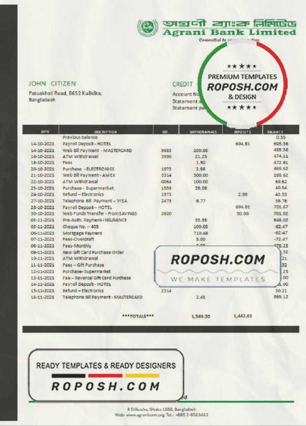 Bangladesh Agrani Bank statement template in Word and PDF format