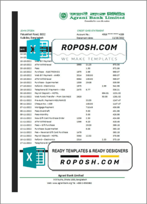 Bangladesh Agrani Bank statement template in Excel and PDF format