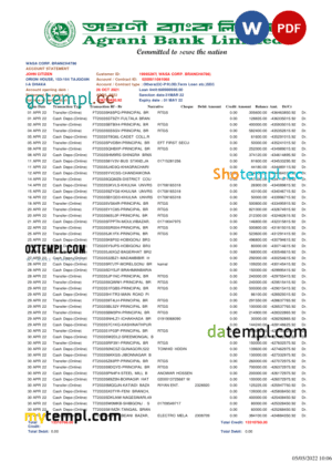 Bangladesh Agrani Bank statement, Word and PDF template