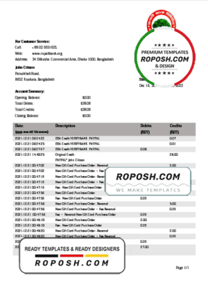 Bangladesh Rupali Bank statement template in Word and PDF format