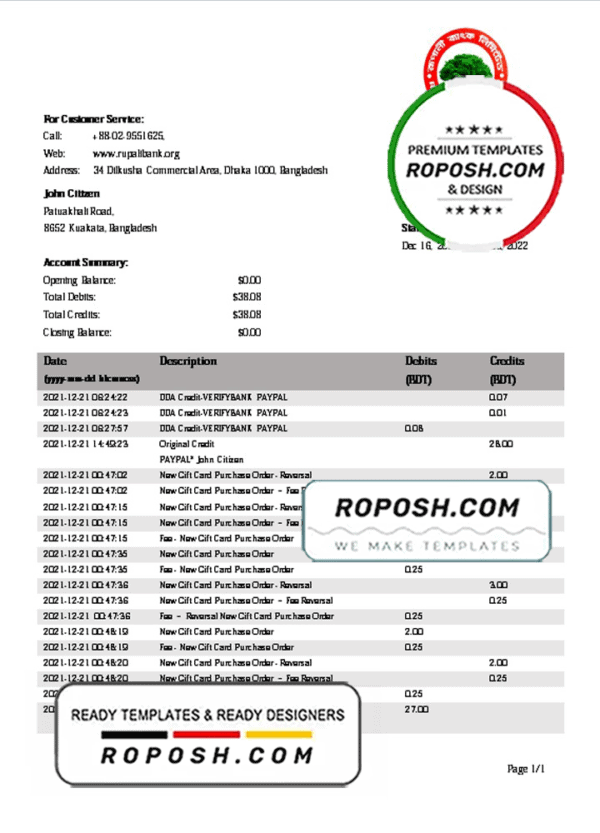 Bangladesh Rupali Bank statement template in Word and PDF format