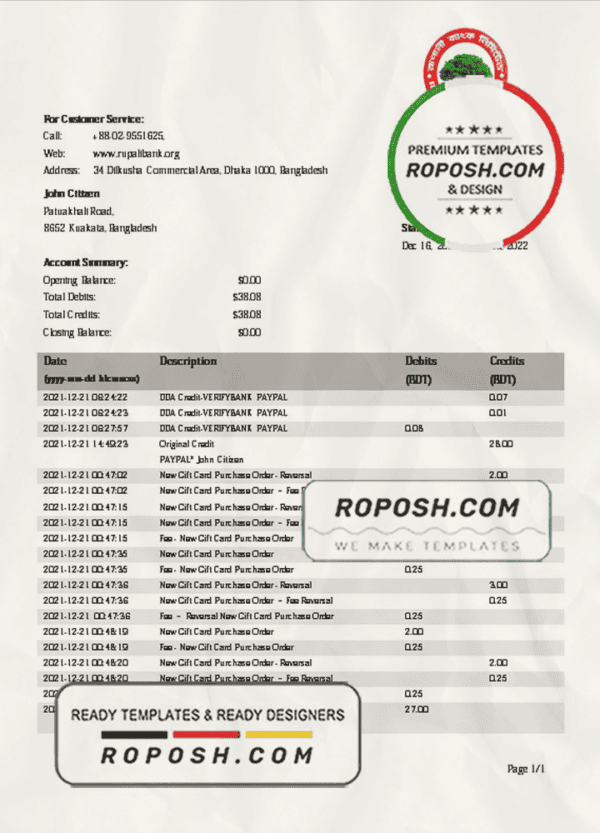 Bangladesh Rupali Bank statement template in Word and PDF format
