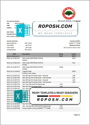 Bangladesh Rupalii bank statement template in Excel and PDF format